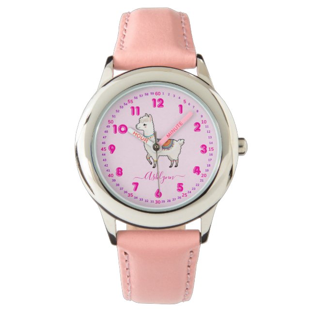 Personlig Rosa Regnbåge Lama Flickor Lär Tid Armbandsur (Framsida)