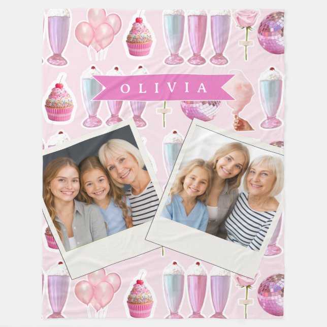 Personlig Rosa Retro Milkshake Söt Coquette Fleecefilt (Framsidan)
