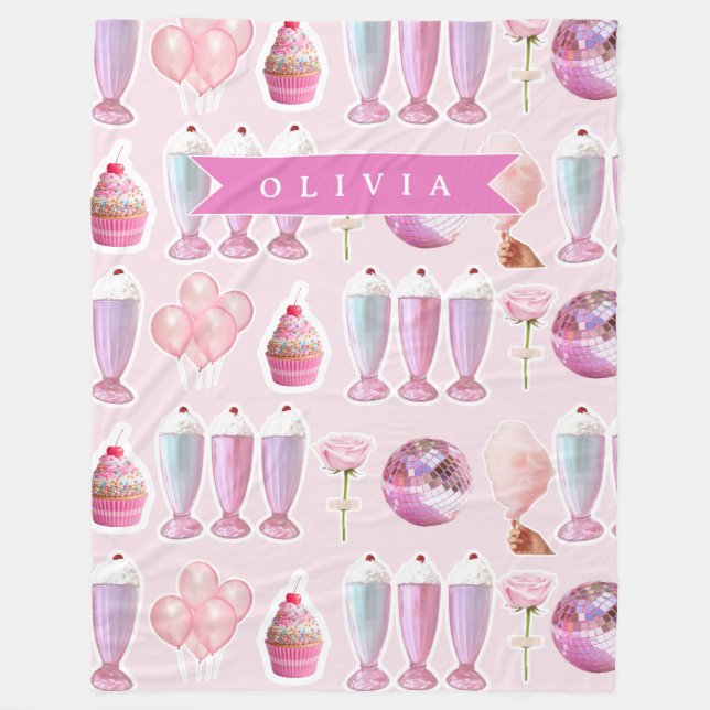 Personlig Rosa Retro Milkshake Söt Coquette Fleecefilt (Framsidan)