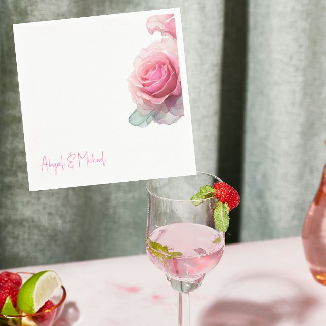 Personlig Rosa ros Blommigt Bröllop Cocktail Pappersservett (Skapare uppladdad)