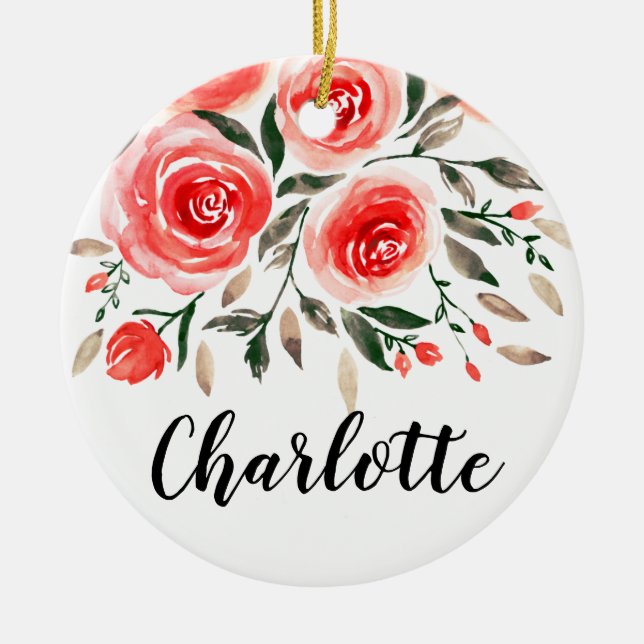 Personlig Rosa ros Blommigt för vattenfärg Julgransprydnad Keramik (Framsidan)