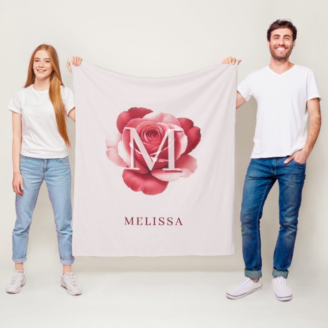 Personlig Rosa Ros Monogram Namn Elegant Krämfärga Fleecefilt (På plats)