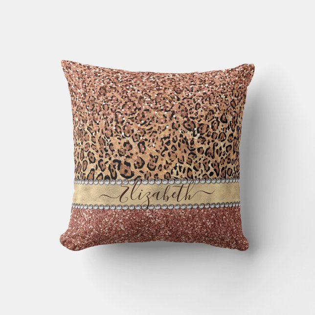 Personlig Rosa Rosa Guld Glitter Leopard Namn Kudde (Framsida)