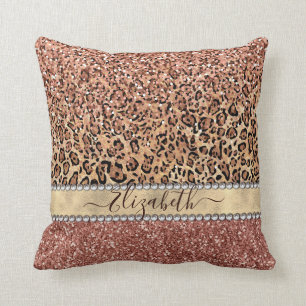Personlig Rosa Rosa Guld Glitter Leopard Namn Kudde