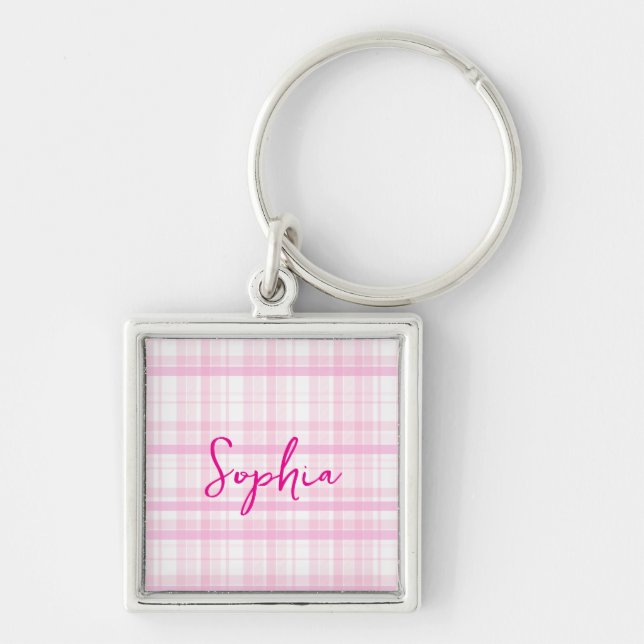 Personlig rosa rutig  fyrkantig silverfärgad nyckelring (Framsidan)