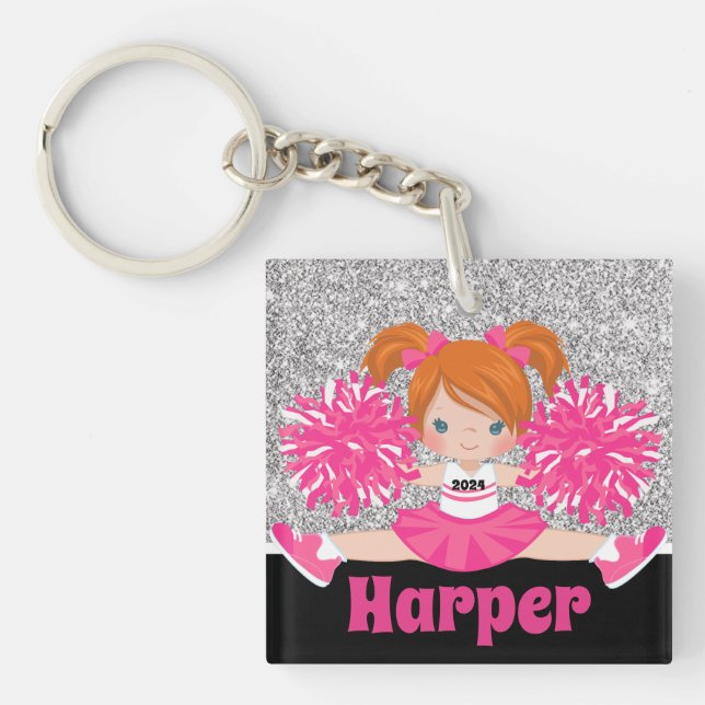 Personlig Rosa & Silver Cheerledande nyckelkedja (Framsidan)