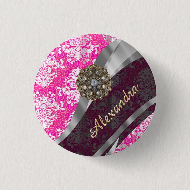 Personlig rosa söt Romly Damask-mönster Knapp (Framsida)
