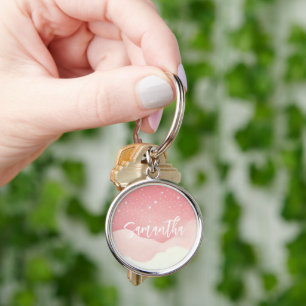 Personlig Rosa Starry Night Keychain Rund Silverfärgad Nyckelring