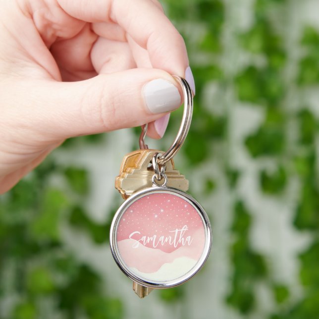 Personlig Rosa Starry Night Keychain Rund Silverfärgad Nyckelring (Hand)