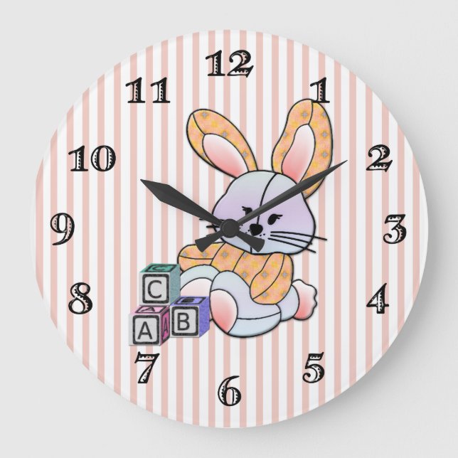 Personlig Rosa Stripe Nursery Art - Bunny Stor Klocka (Framsida)