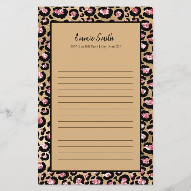 Personlig Rosa Svart Brun Gepard Leopard Linje Brevpapper (Framsida)