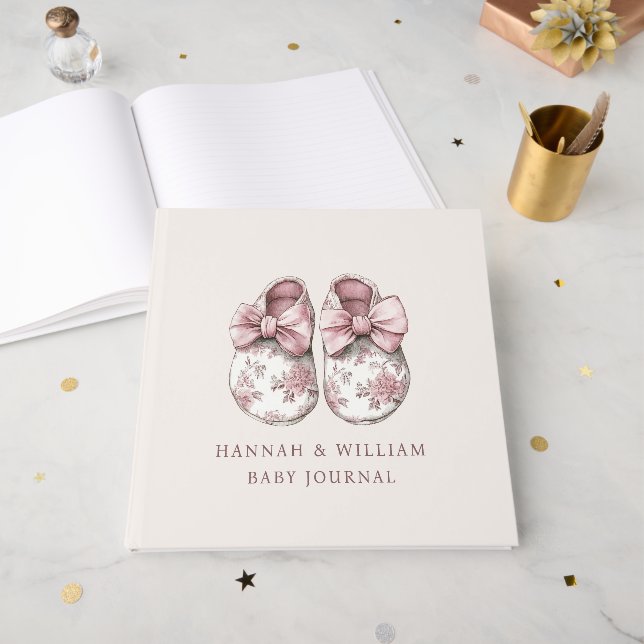 Personlig rosa Toile Baby Journal Gästböcker (Framsidan öppen)