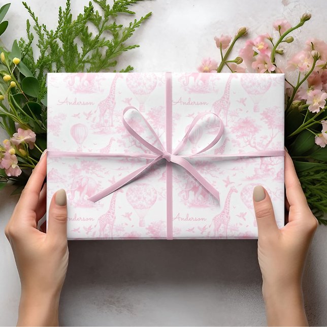 Personlig Rosa Toile Safari Baby Shower Present Presentpapper (Pink Toile Safari Personalized Gift Wrapping Paper Pink Girl Baby Shower Giftwrap Custom Name Giftwr)
