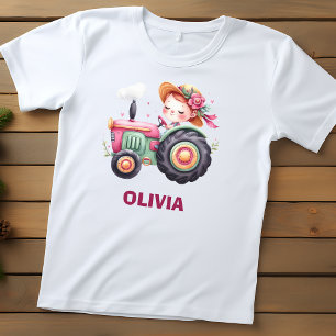Personlig rosa traktor t-shirt för flickor