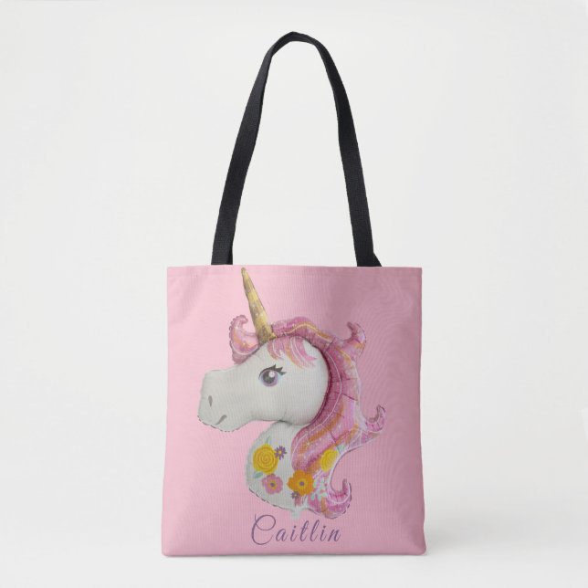 Personlig Rosa Unicorn Balloon Tote Bag Tygkasse (Framsida)