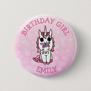 Personlig Rosa Unicorn Birthday Girl Knapp