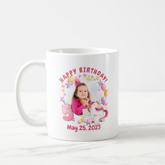 Personlig Rosa Unicorn Girl 5:e födelsedagen Kaffemugg (Vänster)