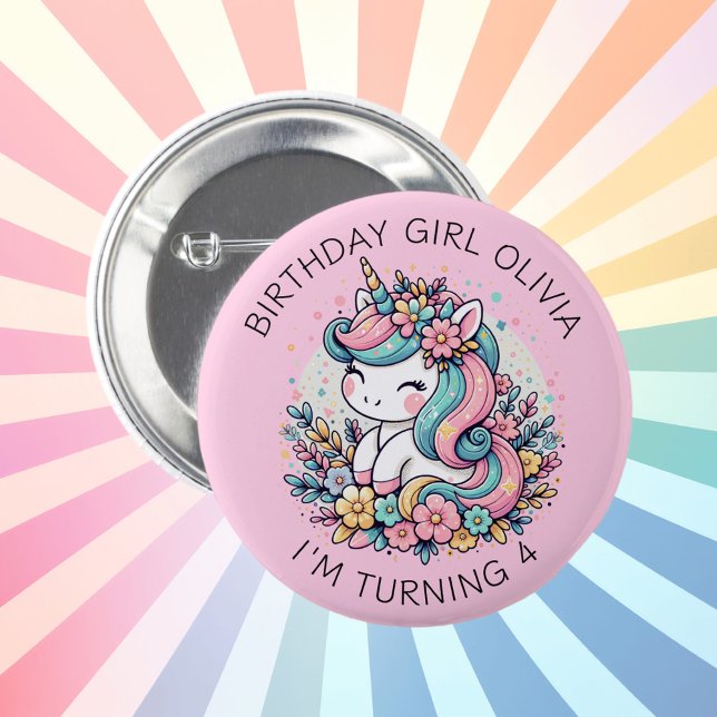 Personlig Rosa Unicorn Girl's Birthday Knapp (Skapare uppladdad)
