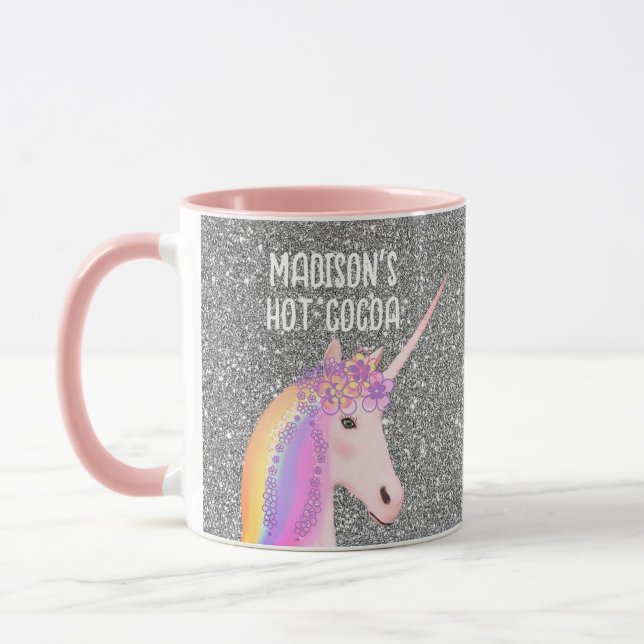 Personlig Rosa Unicorn Pastel Glitter Rainbow Mugg (Vänster)