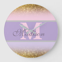 personlig, rosa väggklocka i glitter