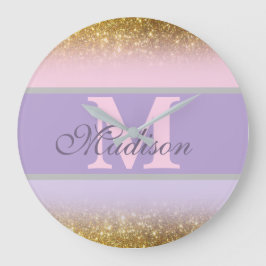 personlig, rosa väggklocka i glitter