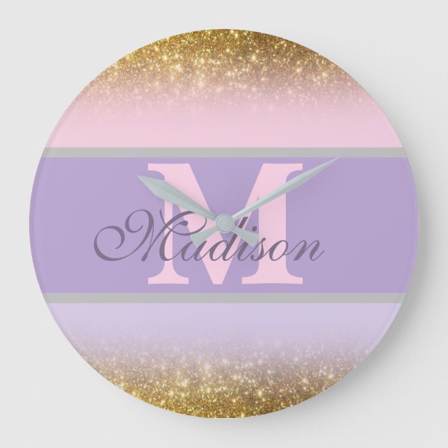 personlig, rosa väggklocka i glitter (Framsida)