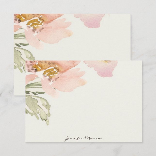 Personlig rosa vattenfärg blomma anteckningskort (Fram/baksida)