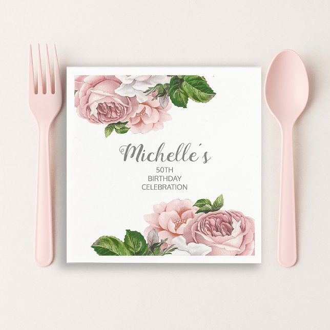 Personlig  Rosa Vattenfärgsfärgad Blommigt födelse Pappersservett (Pink vintage floral paper napkins)