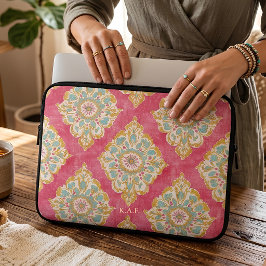 Personlig rosa vintage blomsterdamaskmonogram laptop fodral