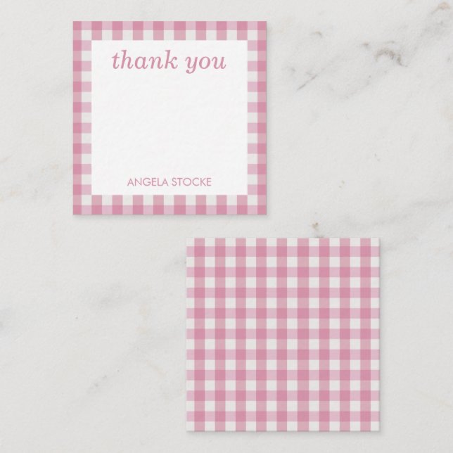 Personlig rosa vit gingham anteckningskort (Fram/baksida)