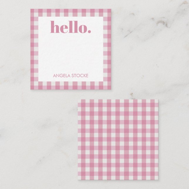 Personlig rosa vit gingham anteckningskort (Fram/baksida)