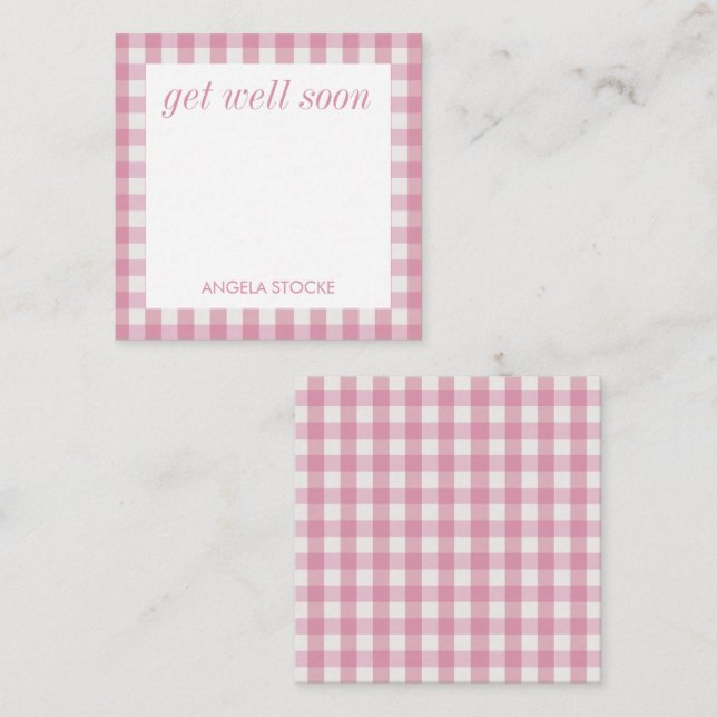 Personlig rosa vit gingham anteckningskort (Fram/baksida)