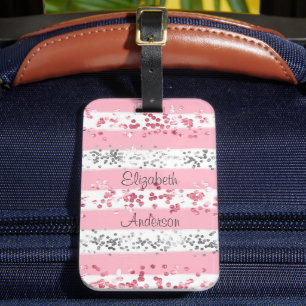 Personlig Rosa Vit Grå Silver Glitter Bagagebricka