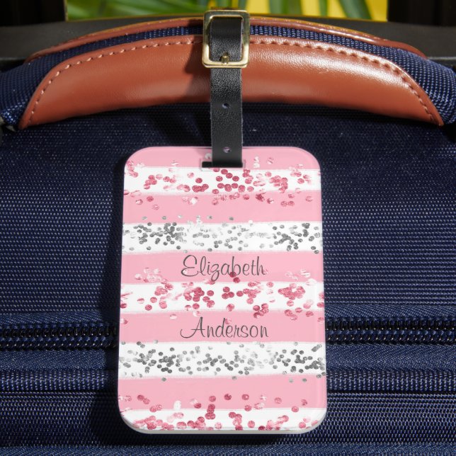 Personlig Rosa Vit Grå Silver Glitter Bagagebricka (Framsida Insitu 2)