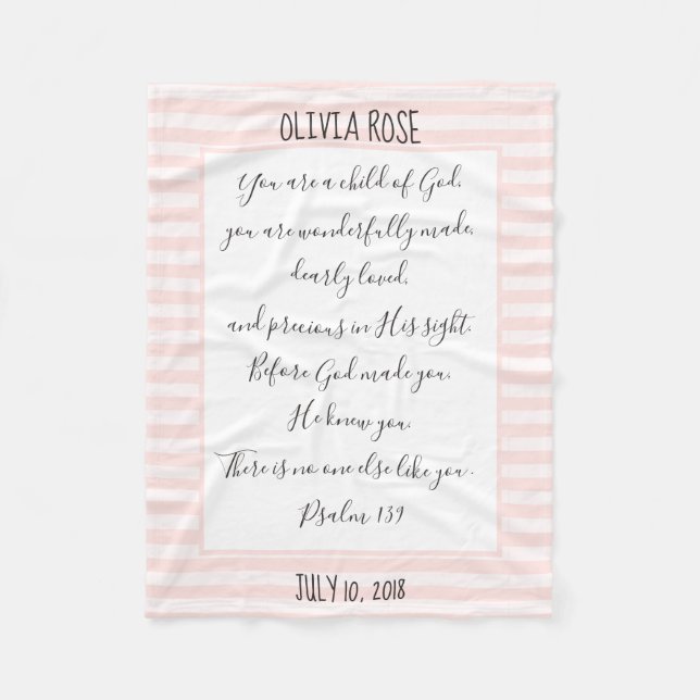 Personlig, Rosa/vit Rand, Verse från Psalm Fleecefilt (Framsidan)