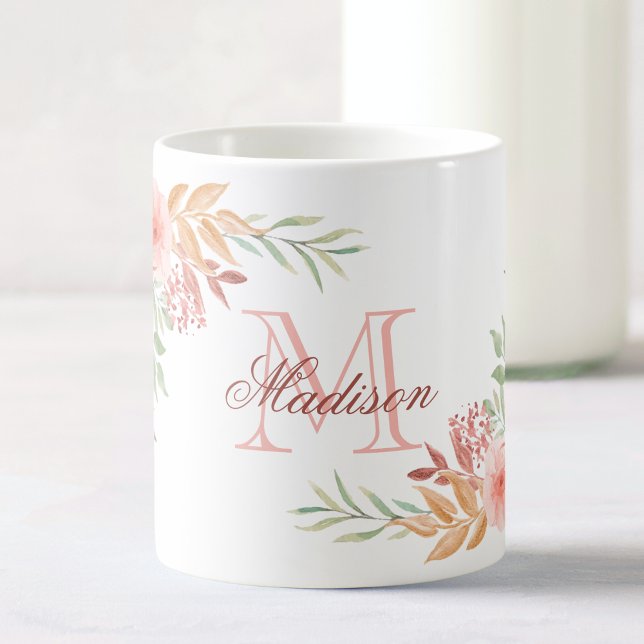 Personlig Rosa Watercolor Blommigt Monogram Namn Kaffemugg (Skapare uppladdad)