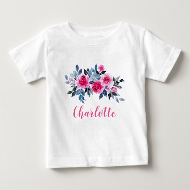 Personlig Rosa Watercolor Flowers T Shirt (Framsida)