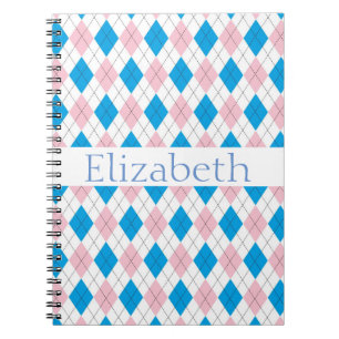 Personlig Rosa White Blue Argyle Mönster Anteckningsbok Med Spiral