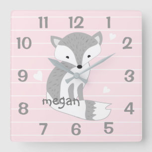 Personlig Rosa Woodland Fox Nursery Wall Clock Fyrkantig Klocka