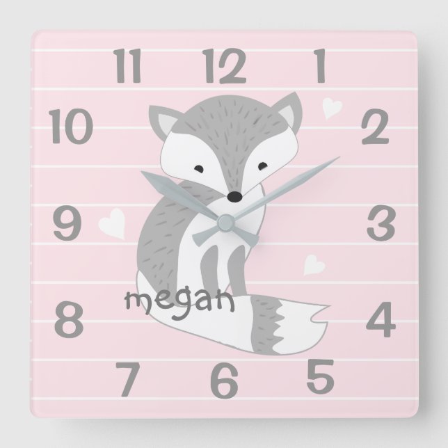 Personlig Rosa Woodland Fox Nursery Wall Clock Fyrkantig Klocka (Framsida)