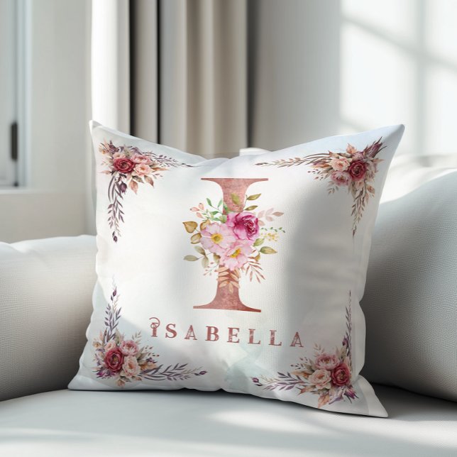 Personlig roséguld blommig bokstav I monogram Kudde (Skapare uppladdad)