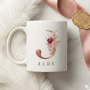 Personlig roséguld blommig initial J monogram Kaffemugg
