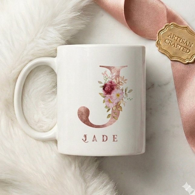 Personlig roséguld blommig initial J monogram Kaffemugg (Skapare uppladdad)
