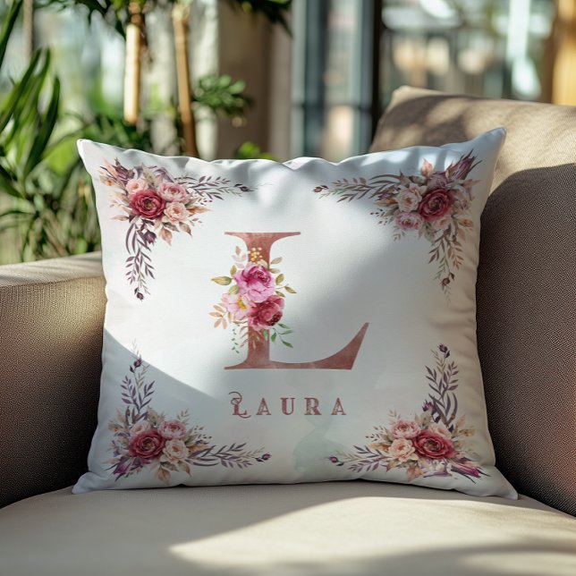Personlig roséguld blommig initial L monogram Kudde (Skapare uppladdad)