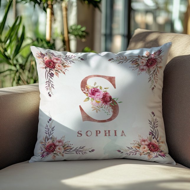Personlig roséguld blommig initial S-monogram Kudde (Skapare uppladdad)