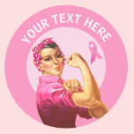 Personlig Rosie the Riveter Breast Cancer rosa Runt Klistermärke<br><div class="desc">Lägg till din egen text till det här anpassadet rosa-menyfliksområdet Rosie the Riveter design.</div>