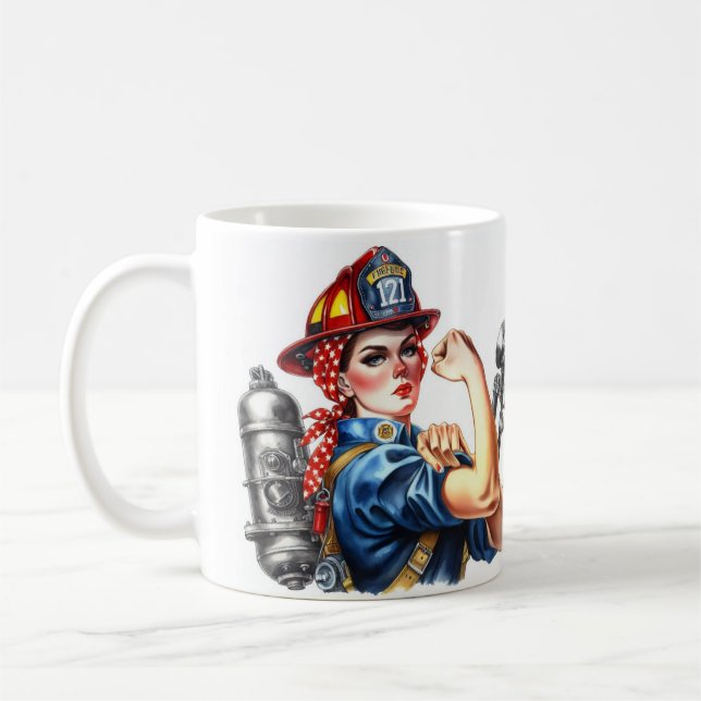 Personlig Rosie the Riveter Female Firefighter Kaffemugg (Vänster)