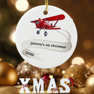 Personlig,Rött flygplan och jultomte, första jul Julgransprydnad Keramik