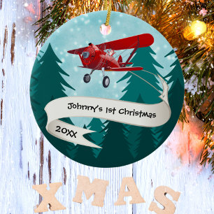 Personlig,Rött flygplan och jultomte, första jul Julgransprydnad Keramik
