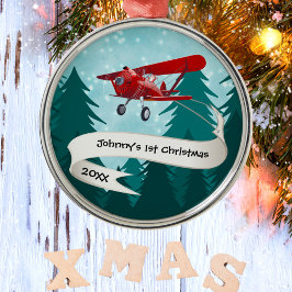 Personlig,Rött flygplan och jultomte, första jul Julgransprydnad Metall